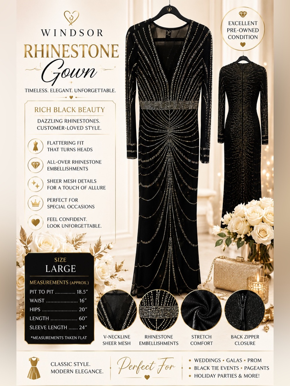 Windsor Black Rhinestone Embellished Formal Gown Size Large